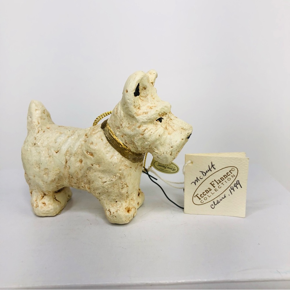 Vtg 90s WHITE SCOTTIE Dog Puppy Lover Terrier Ornament Figurine Teena Flanner